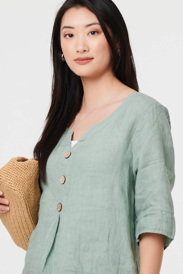 Sage | Button Detail 3/4 Sleeve Relaxed Blouse
