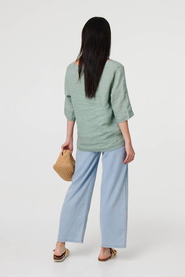 Sage | Button Detail 3/4 Sleeve Relaxed Blouse

