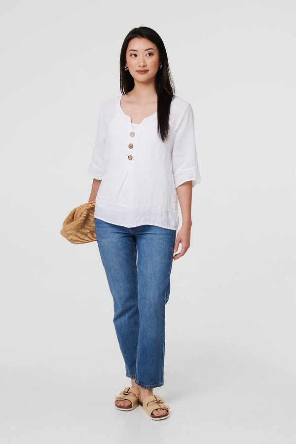 White | Button Detail 3/4 Sleeve Relaxed Blouse
