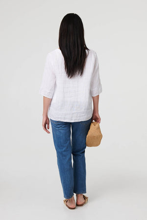 White | Button Detail 3/4 Sleeve Relaxed Blouse
