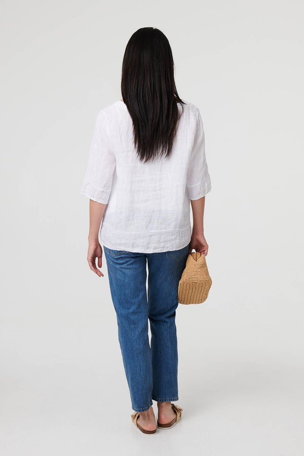 White | Button Detail 3/4 Sleeve Relaxed Blouse
