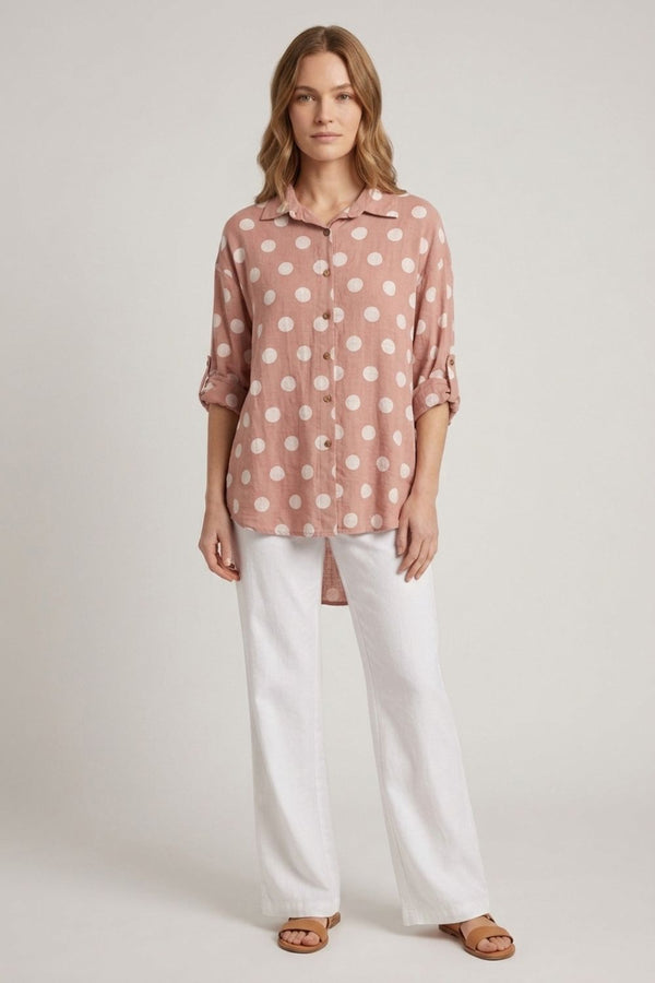 Pink | Polka Dot Print 3/4 Sleeve Relaxed Shirt
