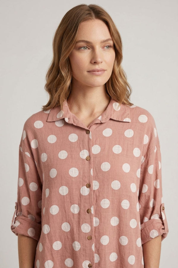 Pink | Polka Dot Print 3/4 Sleeve Relaxed Shirt
