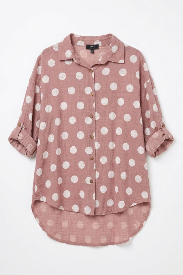 Pink | Polka Dot Print 3/4 Sleeve Relaxed Shirt
