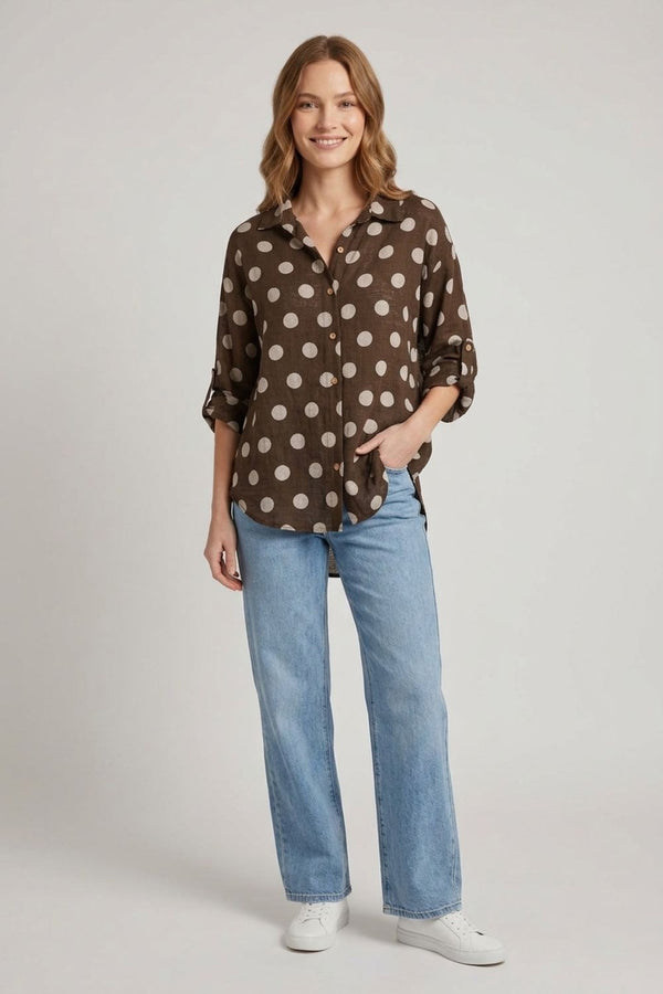 Brown | Polka Dot Print 3/4 Sleeve Relaxed Shirt
