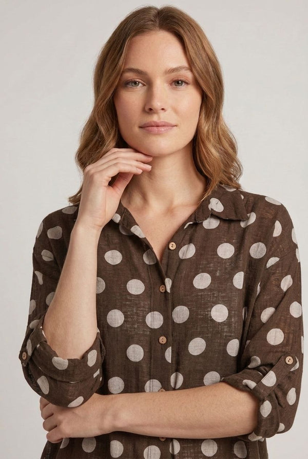 Brown | Polka Dot Print 3/4 Sleeve Relaxed Shirt
