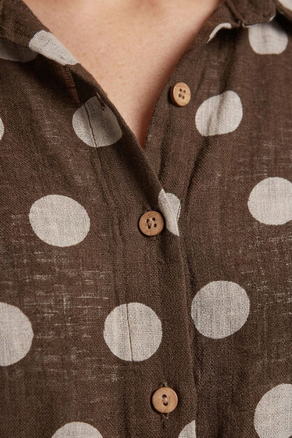 Brown | Polka Dot Print 3/4 Sleeve Relaxed Shirt
