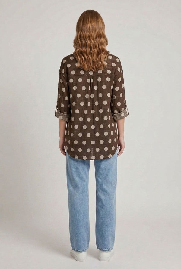 Brown | Polka Dot Print 3/4 Sleeve Relaxed Shirt
