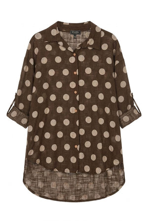 Brown | Polka Dot Print 3/4 Sleeve Relaxed Shirt
