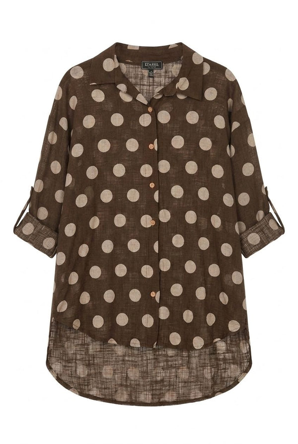 Brown | Polka Dot Print 3/4 Sleeve Relaxed Shirt
