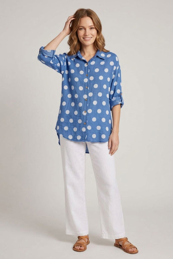 Blue | Polka Dot Print 3/4 Sleeve Relaxed Shirt
