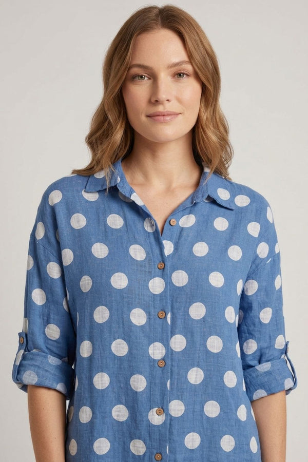 Blue | Polka Dot Print 3/4 Sleeve Relaxed Shirt
