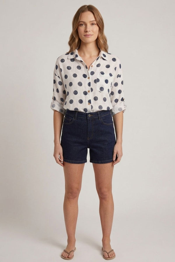 White | Polka Dot Print 3/4 Sleeve Relaxed Shirt
