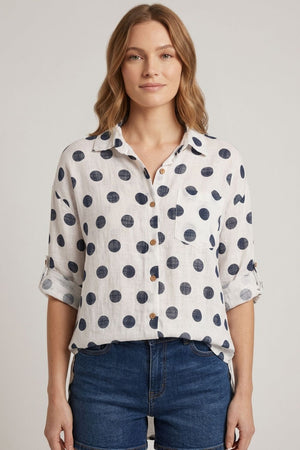 White | Polka Dot Print 3/4 Sleeve Relaxed Shirt
