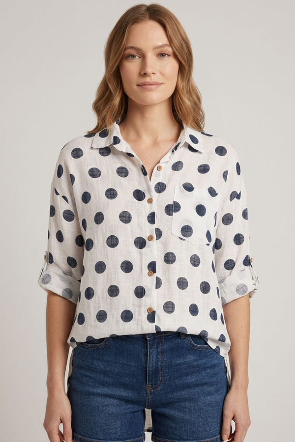 White | Polka Dot Print 3/4 Sleeve Relaxed Shirt
