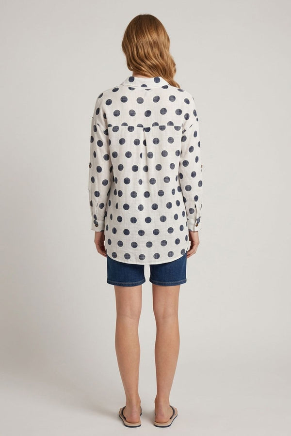 White | Polka Dot Print 3/4 Sleeve Relaxed Shirt
