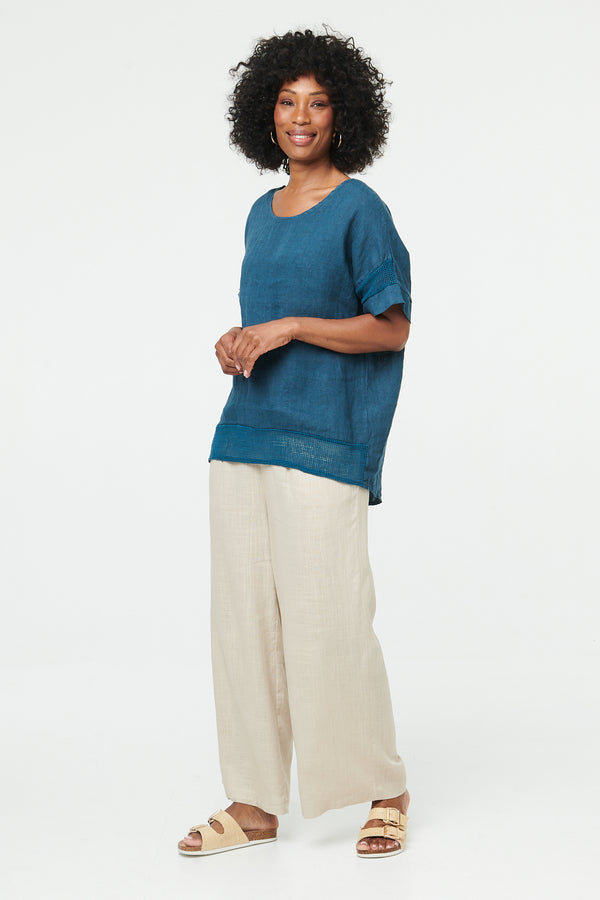 Blue | Relaxed Mesh Trim 1/2 Sleeve Top