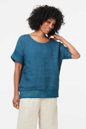 Blue | Relaxed Mesh Trim 1/2 Sleeve Top : Model is 5'10