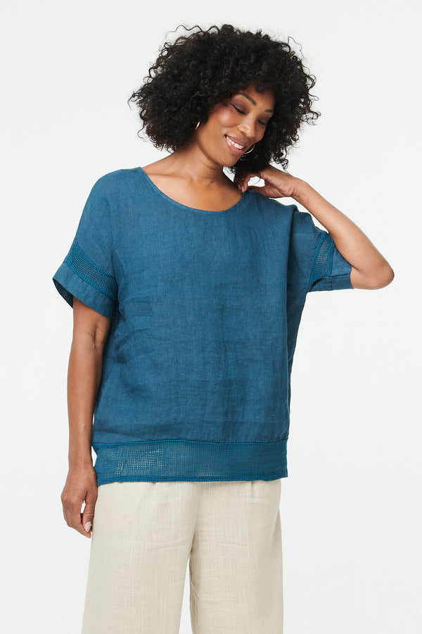 Blue | Relaxed Mesh Trim 1/2 Sleeve Top