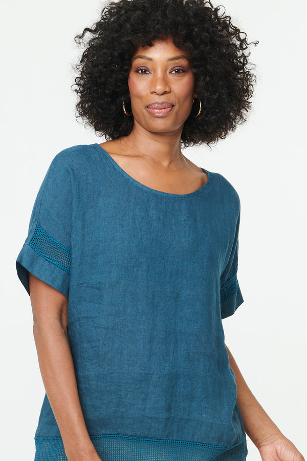 Blue | Relaxed Mesh Trim 1/2 Sleeve Top