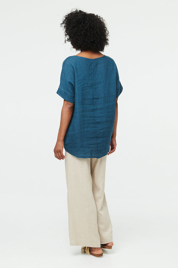 Blue | Relaxed Mesh Trim 1/2 Sleeve Top
