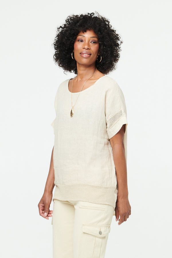 Linen | Relaxed Mesh Trim 1/2 Sleeve Top