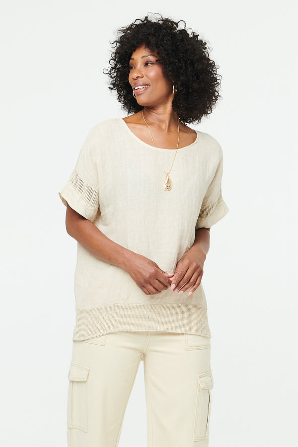 Linen | Relaxed Mesh Trim 1/2 Sleeve Top