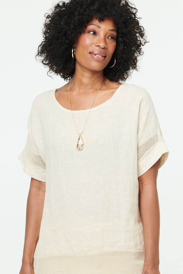 Linen | Relaxed Mesh Trim 1/2 Sleeve Top