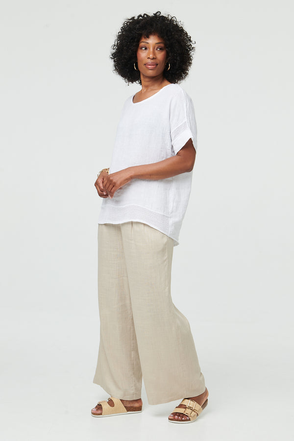 White | Relaxed Mesh Trim 1/2 Sleeve Top