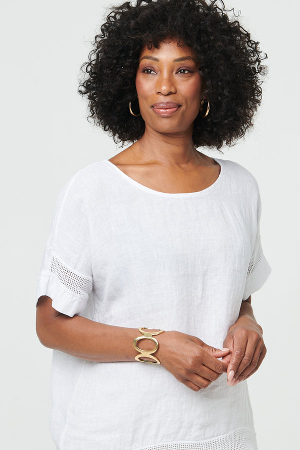 White | Relaxed Mesh Trim 1/2 Sleeve Top