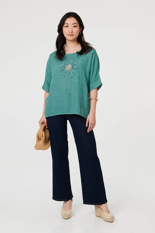 Blue | Sequin Textured Detail Relaxed Top