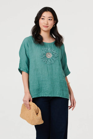 Blue | Sequin Textured Detail Relaxed Top : Model is 5'9