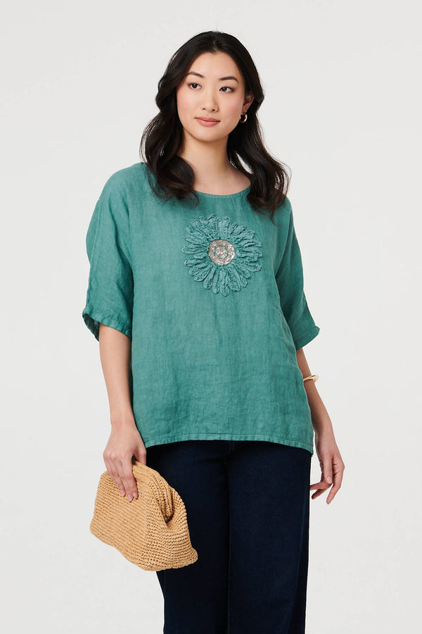 Blue | Sequin Textured Detail Relaxed Top : Model is 5'9"/175 cm and wears UK8/EU36/US4/AUS8