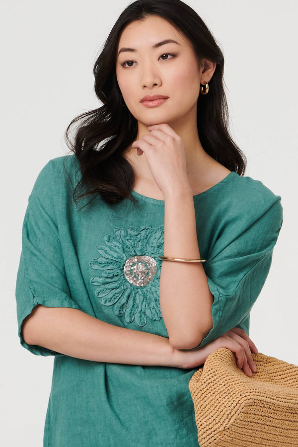 Blue | Sequin Textured Detail Relaxed Top