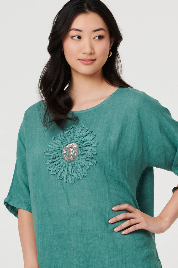 Blue | Sequin Textured Detail Relaxed Top