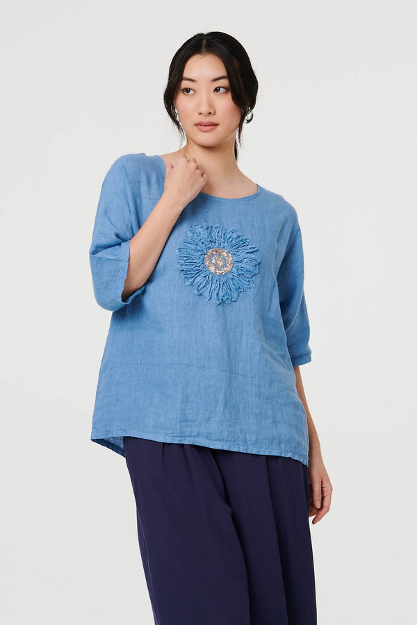 Denim | Sequin Textured Detail Relaxed Top : Model is 5'9"/175 cm and wears UK8/EU36/US4/AUS8