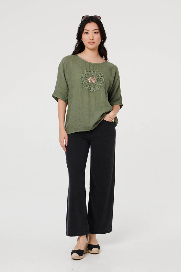 Khaki | Sequin Textured Detail Relaxed Top