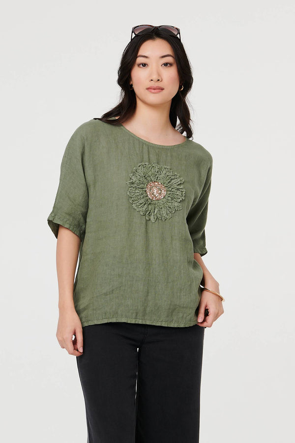 Khaki | Sequin Textured Detail Relaxed Top : Model is 5'9"/175 cm and wears UK8/EU36/US4/AUS8