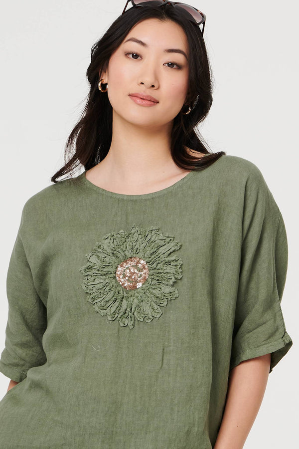 Khaki | Sequin Textured Detail Relaxed Top