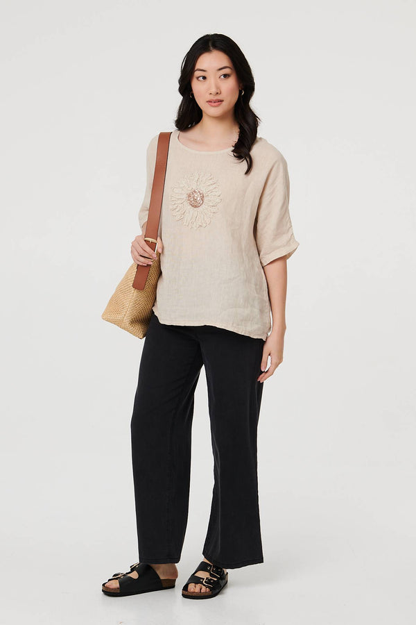 Linen | Sequin Textured Detail Relaxed Top