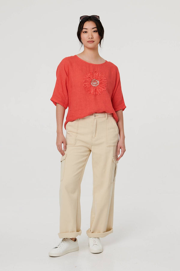 Orange | Sequin Textured Detail Relaxed Top