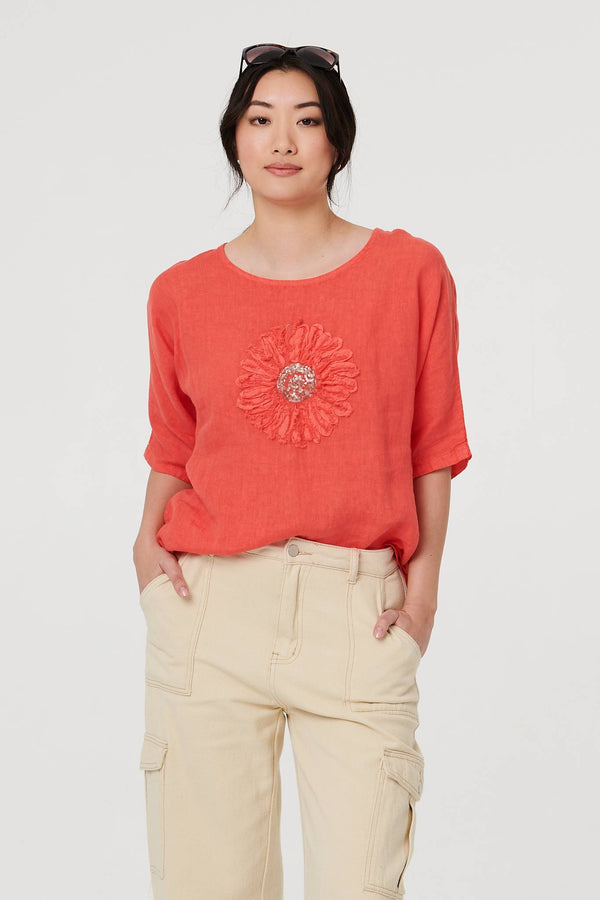 Orange | Sequin Textured Detail Relaxed Top : Model is 5'9"/175 cm and wears UK8/EU36/US4/AUS8