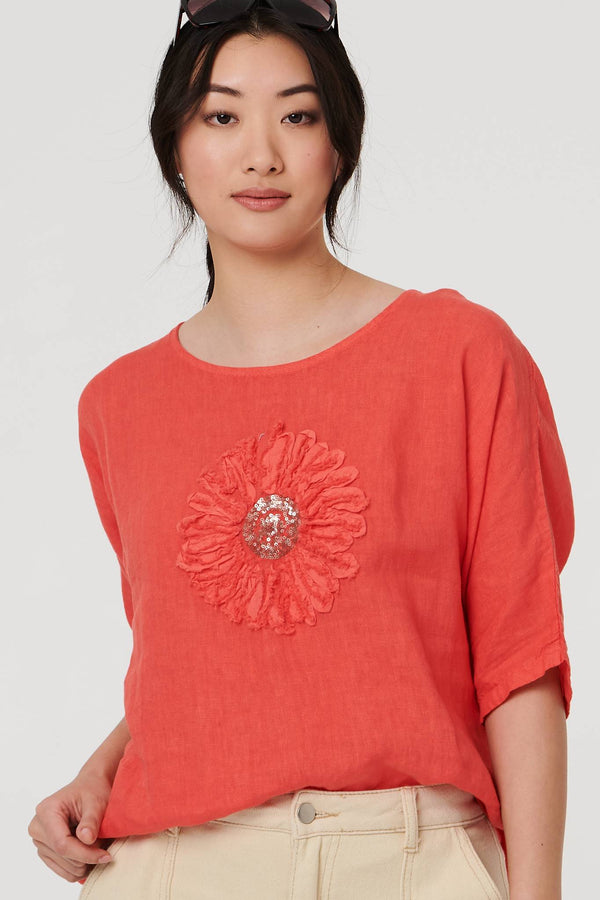 Orange | Sequin Textured Detail Relaxed Top