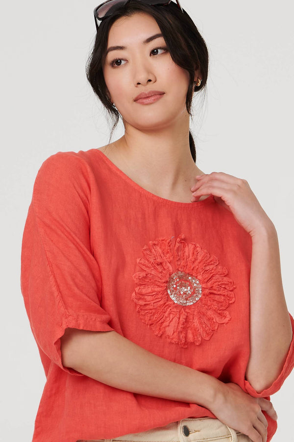Orange | Sequin Textured Detail Relaxed Top
