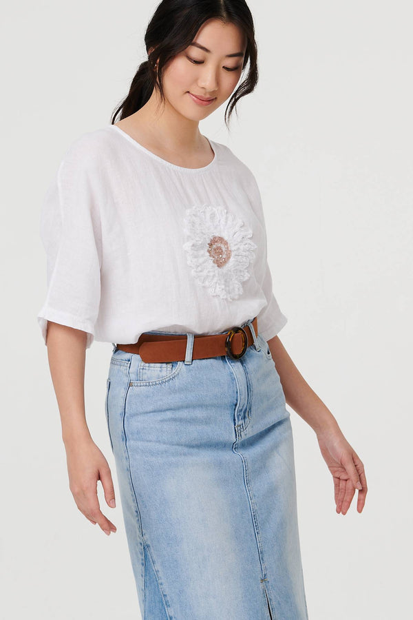 White | Sequin Textured Detail Relaxed Top