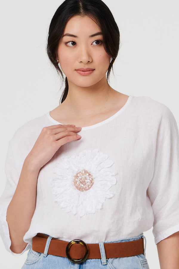 White | Sequin Textured Detail Relaxed Top