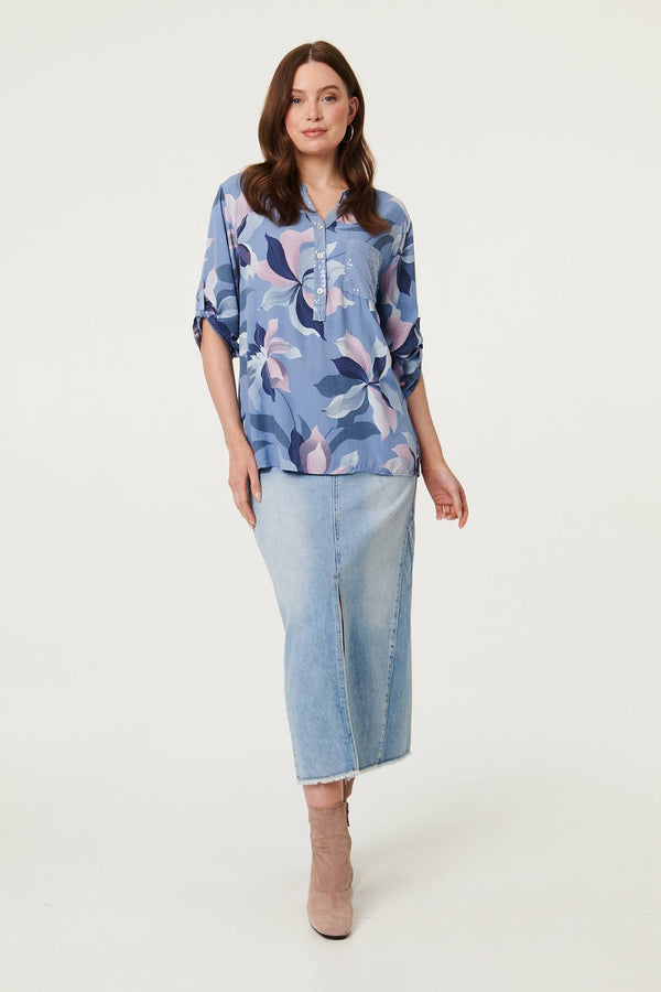 Blue | Sequin Trim Floral Relaxed Blouse