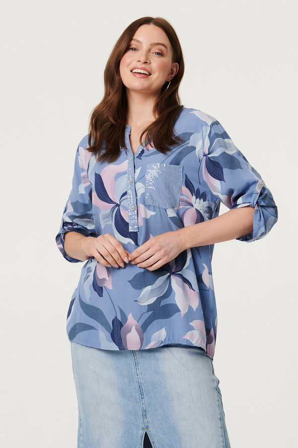 Blue | Sequin Trim Floral Relaxed Blouse: Model is 5'9"/175 cm and wears UK8/EU36/US4/AUS8
