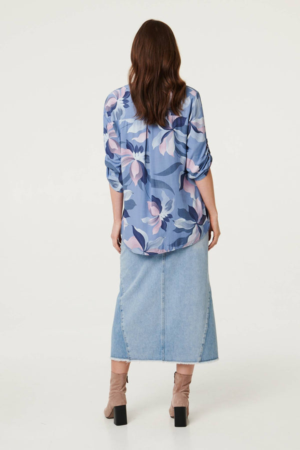 Blue | Sequin Trim Floral Relaxed Blouse