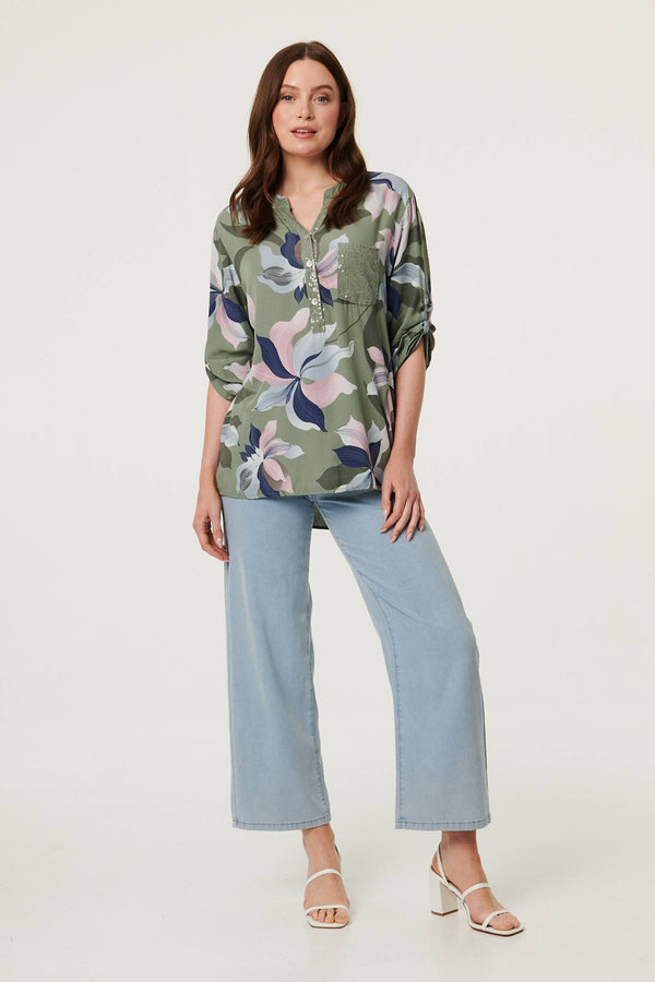 Sage | Sequin Trim Floral Relaxed Blouse
